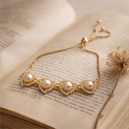 Gold Pearl Heart Chain Bracelet