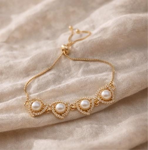 Gold Pearl Heart Chain Bracelet