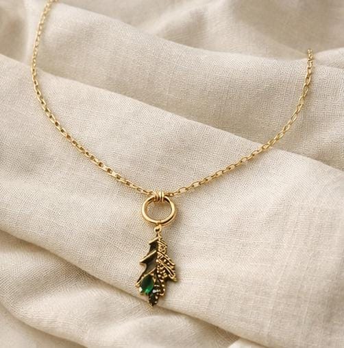 Emerald Leaf Drop Pendant Necklace
